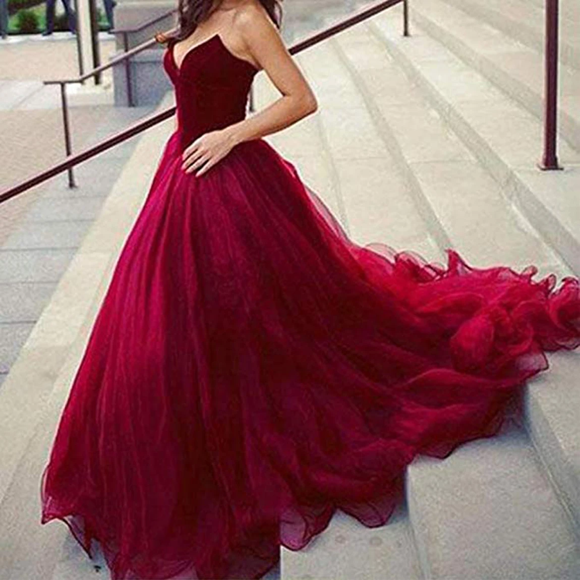 

Womens Long V Neck Strapless Prom Dresses Velvet Organza Formal Evening Ball vestidos de cctel